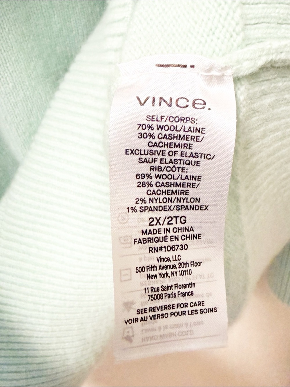 Vince Mint Green V-Neck Cashmere Blend Sweater 2X - Picture 4 of 5